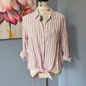 🇺🇸 POPSUGAR Red and Blue Striped Linen Blend Shirt